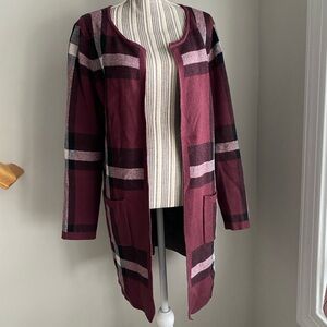 ELLE Long Cardigan Open Front Pockets Maroon, White & Black